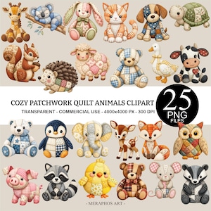 Op de afbeelding: Een verzameling van 25 digitale illustraties met diverse dieren ontworpen met een patchwork quilt-esthetiek. De set bevat een giraf, koala, konijn, kat, hond, schildpad, eekhoorn, egel, schaap, beer, eend, koe, pinguïn, olifant, hert, vos, uil, varken, wasbeer, kuiken en muis.