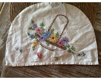 Vintage English Hand Embroidered Tea Cozy - Floral Basket Linens, Cottagecore Tea Cosy Cover
