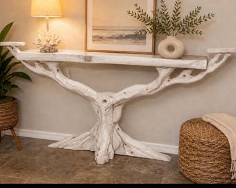 Consola escultórica de madera tallada a mano / Muebles de arte funcionales / Mesa de entrada personalizada con acabado blanqueado