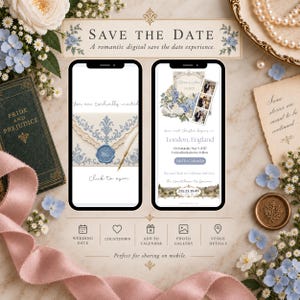 Könnte beinhalten: Zwei Smartphones zeigen eine digitale Save-the-Date-Hochzeitseinladung. Die Bildschirme zeigen einen Umschlag mit blauem Wachssiegel, Blumenillustrationen, einen Fotostreifen, einen Countdown-Timer und Text, einschließlich London, England.