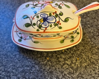 Vintage Anfora Agueda Portugal Hand-Painted Ceramic Condiment Pot with Saucer and Spoon | 4-Piece Portuguese Faience Lidded Jam Preserve Mus