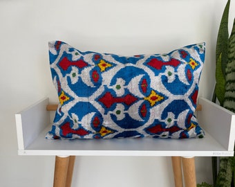 Ikat Velvet Pillow , Red Blue Yellow Pillow ,Handwoven Silk Cushion Cover, Lumbar Cushion Cover, İkat Motif Designer, Throw Pillow16x24