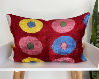 Ikat Velvet Pillow , Red Yellow Pillow ,Handwoven Silk Cushion Cover, Lumbar Cushion Cover, İkat Motif Designer, Throw Pillow16x24