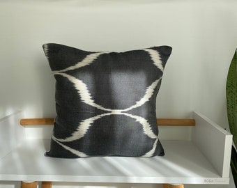 Ikat Double Side Silk Pillowcase | Ikat Silk Pillowcase Cushion | Geometric Ikat Pillow | Silk Pillow | Ikat Home Decor | Black Pillow