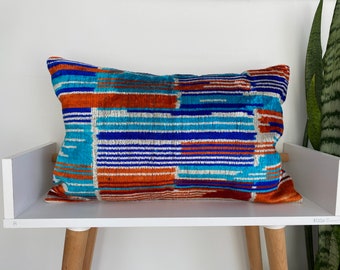 16x24 Ikat Velvet Pillow Cover, Handmade Ikat Cushion, Decorative Throw Pillow, Boho Velvet Cushion Cover, Turkish Ikat Home Decor