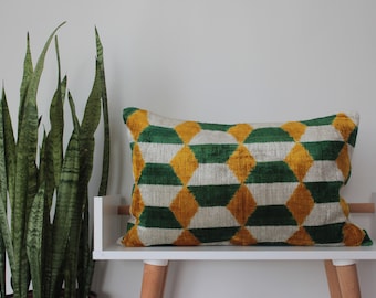 16x24 Ikat Velvet Pillow Cover, Handmade Ikat Cushion, Decorative Throw Pillow, Boho Velvet Cushion Cover, Turkish Ikat Home Decor