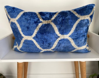 16x24 Ikat Velvet Pillow Cover, Handmade Ikat Cushion, Decorative Throw Pillow, Boho Velvet Cushion Cover, Turkish Ikat Home Decor