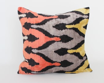 20x20 Ikat Velvet Pillow Cover, Handmade Ikat Cushion, Decorative Throw Pillow, Boho Velvet Cushion Cover, Turkish Ikat Home Decor