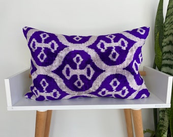 16x24 Ikat Velvet Pillow Cover, Handmade Ikat Cushion, Decorative Throw Pillow, Boho Velvet Cushion Cover, Turkish Ikat Home Decor