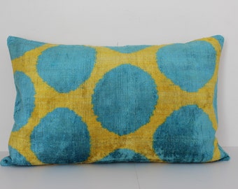 İkat Velvet Pillow, Home Decor, Silk Pillow,  Yellow Blue Pillow, Bohemian Decor,Vintage Home Design,Unique Throw Pillow Custom Pillow16x24