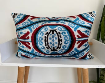 Ikat Velvet Cushion, Red Blue Black Pillow ,Handwoven Silk Cushion Cover, Lumbar Cushion Cover, İkat Motif Designer, Throw Pillow16x24