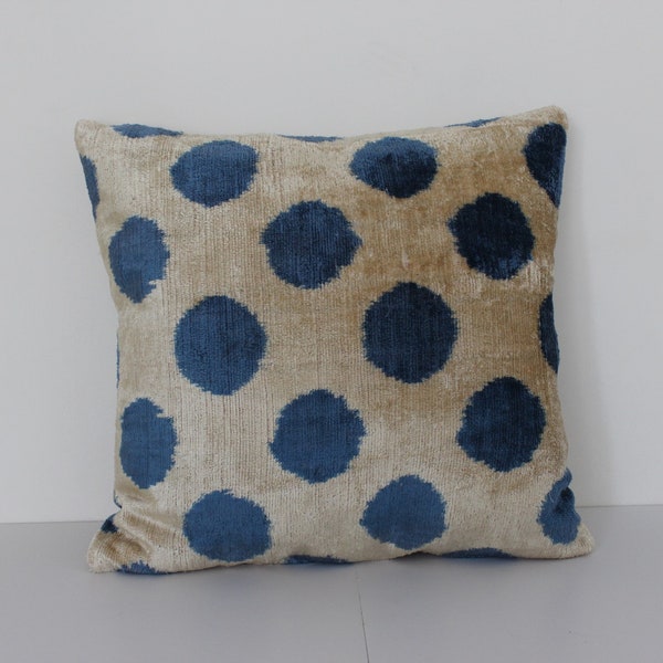 Velvet Ikat Cushion,Square Cushion,Ethnic Boho Gift,Slipcover Zipper,Home Gift,Throw Pillow,Pillow Shams,Decorative Pillow,Blue Beige Pillow