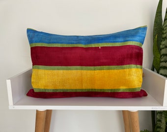 Red Yellow Blue Pillow, İkat Velvet Pillow,Living Room Pillow, Handwoven Hand Dyed,Lumbar Cushion Cover, Accent Velvet, Trend Pillow16x24