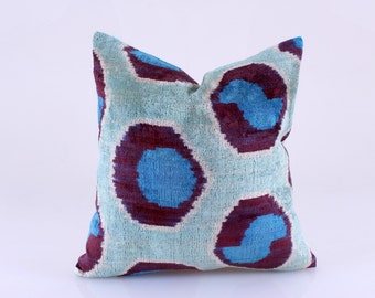 İkat Velvet Pillow,Silk Decorative Pillow, Fashion Cushions,Velvet Couch Pillows,Square Cushion,Designed Cushions,Blue Purple Pillow