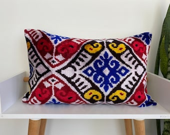 Ikat Velvet Pillow , Red Blue Yellow Pillow ,Handwoven Silk Cushion Cover, Lumbar Cushion Cover, İkat Motif Designer, Throw Pillow16x24