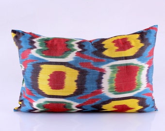Ikat Silk Velvet Pillow 16x24 | Handmade Boho Cushion Cover | Turkish Home Decor Accent Pillow
