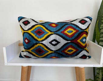 Ikat Velvet Pillow , Colorful Pillow ,Handwoven Silk Cushion Cover, Lumbar Cushion Cover, İkat Motif Designer, Throw Cushion 16x24