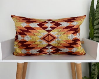 16x24 Ikat Velvet Pillow Cover, Handmade Ikat Cushion, Decorative Throw Pillow, Boho Velvet Cushion Cover, Turkish Ikat Home Decor