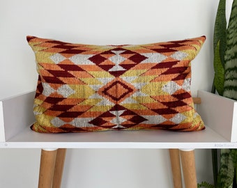 Ikat Velvet Pillow ,Orange  Yellow Pillow ,Handwoven Silk Cushion Cover, Lumbar Cushion Cover, İkat Motif Designer, Throw Pillow16x24