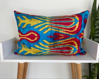 Ikat Velvet Pillow , Red Blue Yellow Pillow ,Handwoven Silk Cushion Cover, Lumbar Cushion Cover, İkat Motif Designer, Throw Pillow16x24