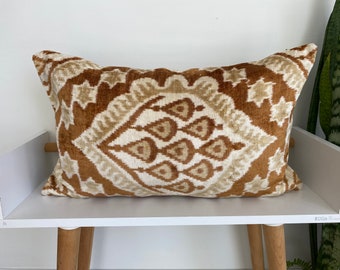 Velvet Ikat Brown Pillow,Handmade Decorative Oblong Pillow, Traditional Pillowcase, Modern Soft Decorative Pillow For Chair 16" x 24"