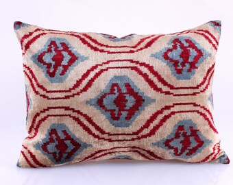Ikat Velvet Pillow Cover, Handmade Ikat Cushion, Decorative Throw Pillow, Boho Velvet Cushion Cover, Turkish Ikat Home Decor