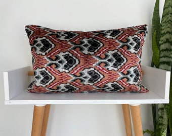 Velvet Ikat Brown Pillow,Handmade Decorative Oblong Pillow, Traditional Pillowcase, Modern Soft Decorative Pillow For Chair 16" x 24"