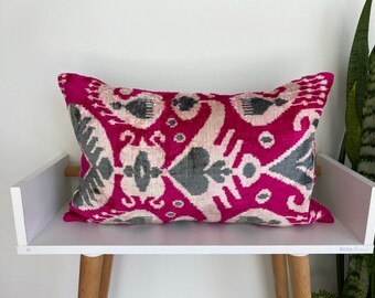 16x24 Ikat Velvet Pillow Cover, Handmade Ikat Cushion, Decorative Throw Pillow, Boho Velvet Cushion Cover, Turkish Ikat Home Decor