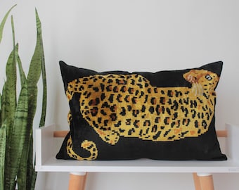 Tiger Ikat Velvet Pillow, Silk Lumbar Cushion Cover, Yellow Animal Lumbar Pillows, Black, Yellow Pillow Cover 16x24''