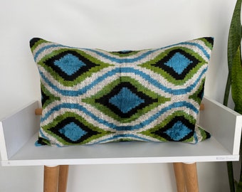 16x24 Ikat Velvet Pillow Cover, Handmade Ikat Cushion, Decorative Throw Pillow, Boho Velvet Cushion Cover, Turkish Ikat Home Decor