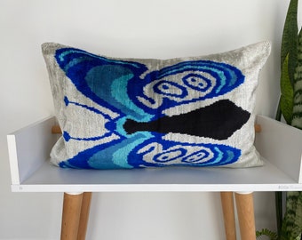 Butterfly Pattern Cushion, Silk Lumbar Cushion Cover, Animal Pillows, Blue Black Pillow, Accent  Pillows,Cushion Sofa Couch 16x24