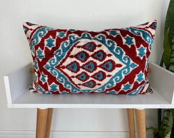 16x24 Ikat Velvet Pillow Cover, Handmade Ikat Cushion, Decorative Throw Pillow, Boho Velvet Cushion Cover, Turkish Ikat Home Decor