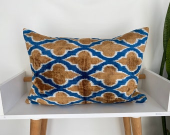 16x24 Ikat Velvet Pillow Cover, Handmade Ikat Cushion, Decorative Throw Pillow, Boho Velvet Cushion Cover, Turkish Ikat Home Decor