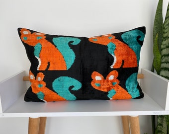 16x24 Ikat Velvet Pillow Cover, Handmade Ikat Cushion, Decorative Throw Pillow, Boho Velvet Cushion Cover, Turkish Ikat Home Decor