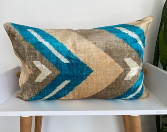 16x24 Ikat Velvet Pillow Cover, Handmade Ikat Cushion, Decorative Throw Pillow, Boho Velvet Cushion Cover, Turkish Ikat Home Decor