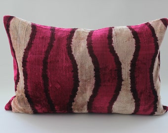 Ikat Velvet Pillow Cover, Red Brown Pillow,Silk Ikat Cushion,Decorative Throw Pillow,Accent Pillowcase,Boho Decor Pillow,