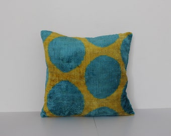 16x16 Ikat Velvet Pillow Cover, Handmade Ikat Cushion, Decorative Throw Pillow, Boho Velvet Cushion Cover, Turkish Ikat Home Decor