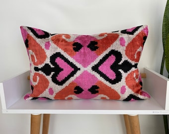 16x24 Ikat Velvet Pillow Cover, Handmade Ikat Cushion, Decorative Throw Pillow, Boho Velvet Cushion Cover, Turkish Ikat Home Decor