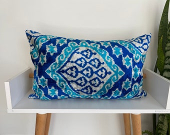 16x24 Ikat Velvet Pillow Cover, Handmade Ikat Cushion, Decorative Throw Pillow, Boho Velvet Cushion Cover, Turkish Ikat Home Decor