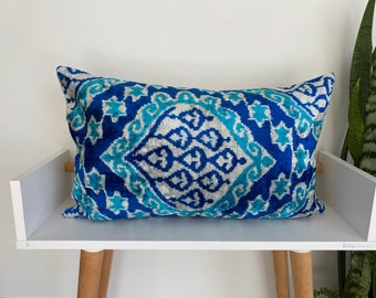 Blue White Velvet Cushion, Navy Silk Ikat Cloth, Handwoven Geometric Velvet Textile, Turquoise Uzbek Fabric Cushion