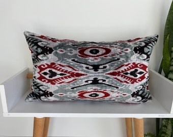 16x24 Ikat Velvet Pillow Cover, Handmade Ikat Cushion, Decorative Throw Pillow, Boho Velvet Cushion Cover, Turkish Ikat Home Decor