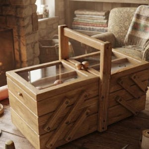 May include: A wooden sewing box with a cantilevered accordion design and clear glass lids. The box features a central handle and is surrounded by a metal thimble, a small leather case, ornate metal scissors, and a coiled measuring tape.