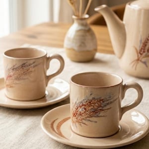 SÄLLSYNT Vintage Vallauris Keramik "La Roue" Pärlemor Kaffe Duos, Set med 2 Handmålade Pärlglasyrkoppar & Fat, Fransk Studio Keramik