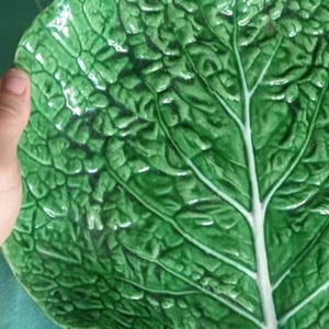 Pode incluir: Um prato de servir em cerâmica com o formato de uma folha de couve verde grande e texturizada. A superfície apresenta um acabamento brilhante com detalhes intrincados de nervuras em relevo em tons de verde claro e branco, imitando o vegetal.