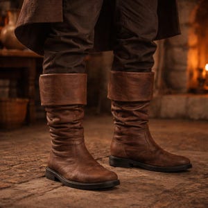 Puede incluir: Un par de botas de cuero marrón a media pantorrilla con un borde ancho y doblado en la parte superior y una apariencia texturizada y desgastada. Las botas tienen punta redondeada, tacón bajo y suela oscura, combinadas con pantalones de color marrón oscuro.