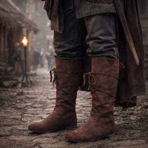 May include: A pair of knee-high brown suede boots featuring a flat sole and thin laces that wrap around the calf. The boots are worn with dark gray trousers and a long brown coat, showcasing a simple design with a rounded toe and side ties.