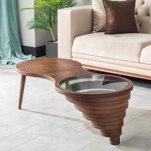 Tavolino da caffè Relax in noce, piano in vetro fumé, tavolo lungo a forma di ellisse
