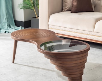 Relax Walnut Coffee Table, Smoked Glass Top, Elips Shape Long Table