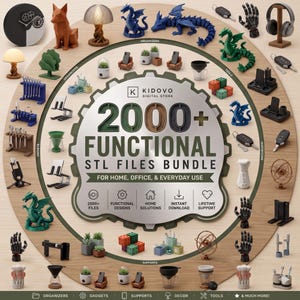 Pode incluir: Um anúncio de produto digital para um pacote de mais de 2000 arquivos STL funcionais com um gráfico central em forma de engrenagem com o texto Kidovo Digital Store 2000+ Functional STL Files Bundle cercado por vários objetos impressos em 3D, como dragões, organizadores, ferramentas e gadgets.