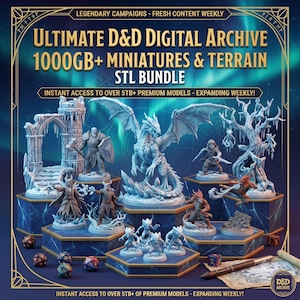 Puede incluir: Una colección digital de archivos STL de miniaturas y terreno de D&D con un gran dragón, varios personajes de fantasía y estructuras heladas. El texto dice Ultimate D&D Digital Archive 1000GB+ Miniatures & Terrain STL Bundle y Instant Access to over 5TB+ Premium Models - Expanding Weekly.